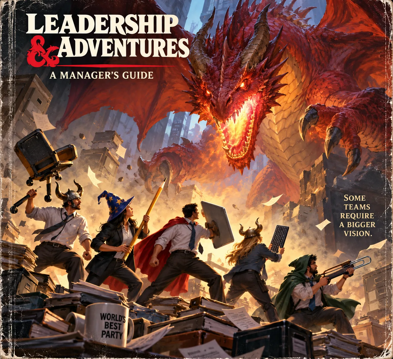 Office-worker adventurers with office equipment confront a giant red dragon in a fantasy office.