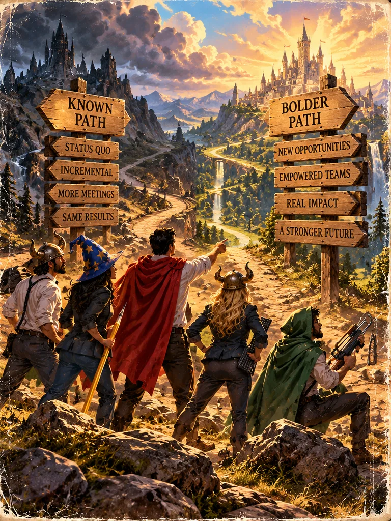 Office-worker adventurers choose between a familiar route and a bolder path.
