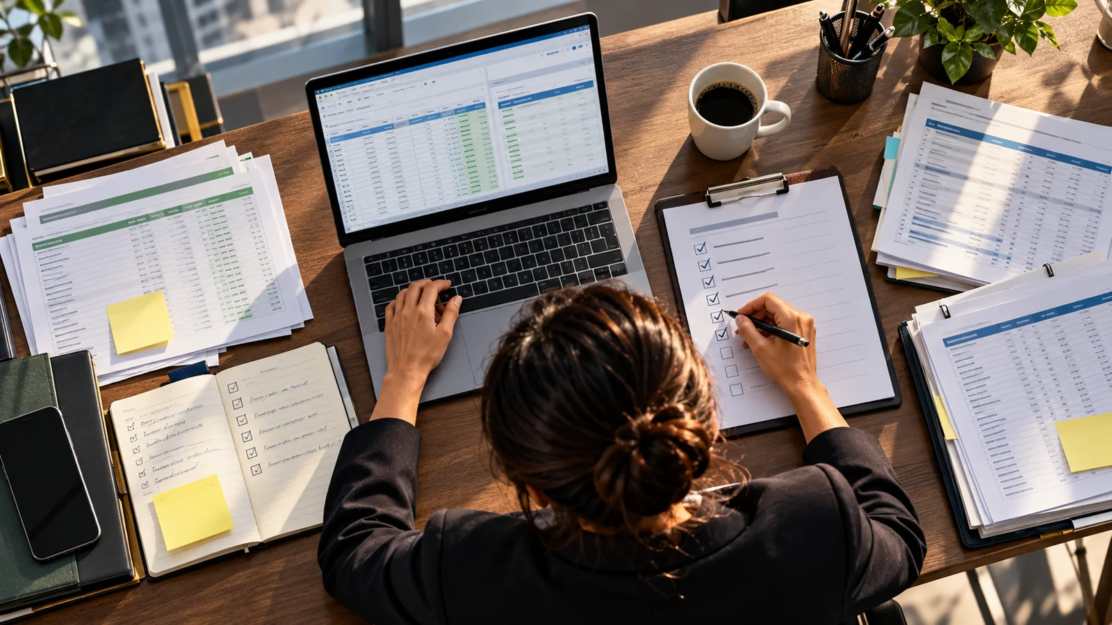Executive workspace with overlapping spreadsheets and checklists