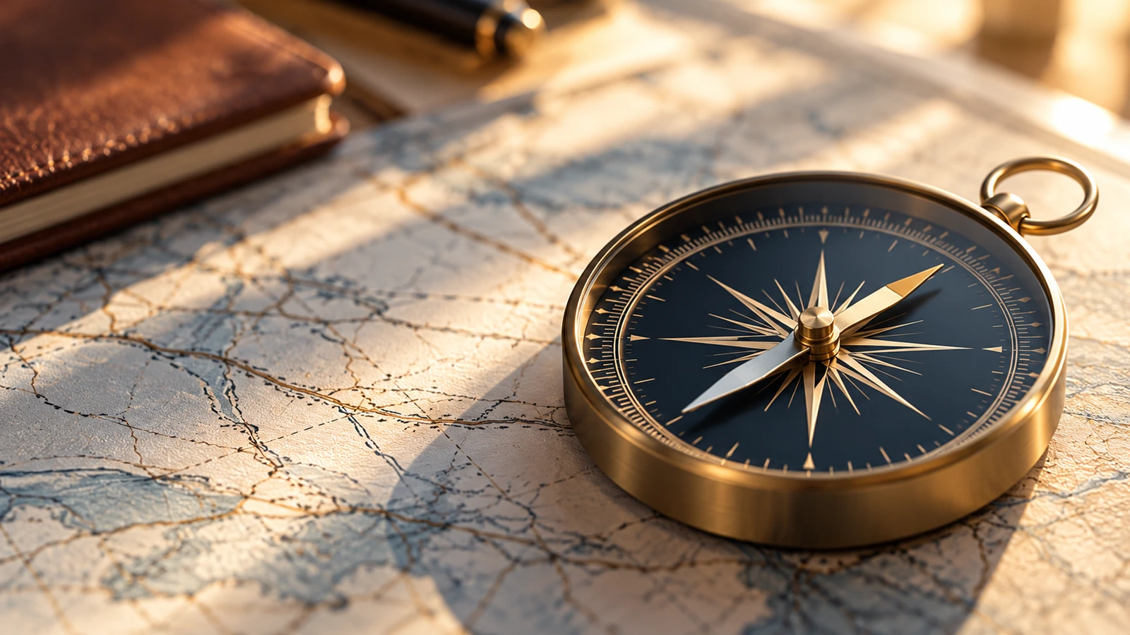 A brass compass rests on a map in warm natural light.