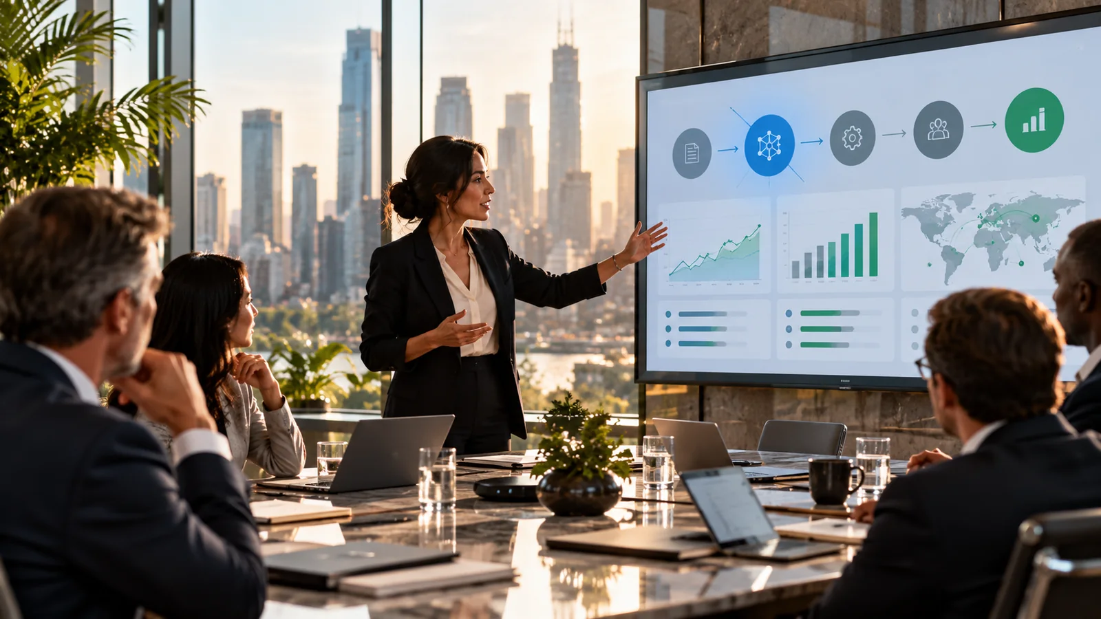 Executives discussing AI strategy in a boardroom