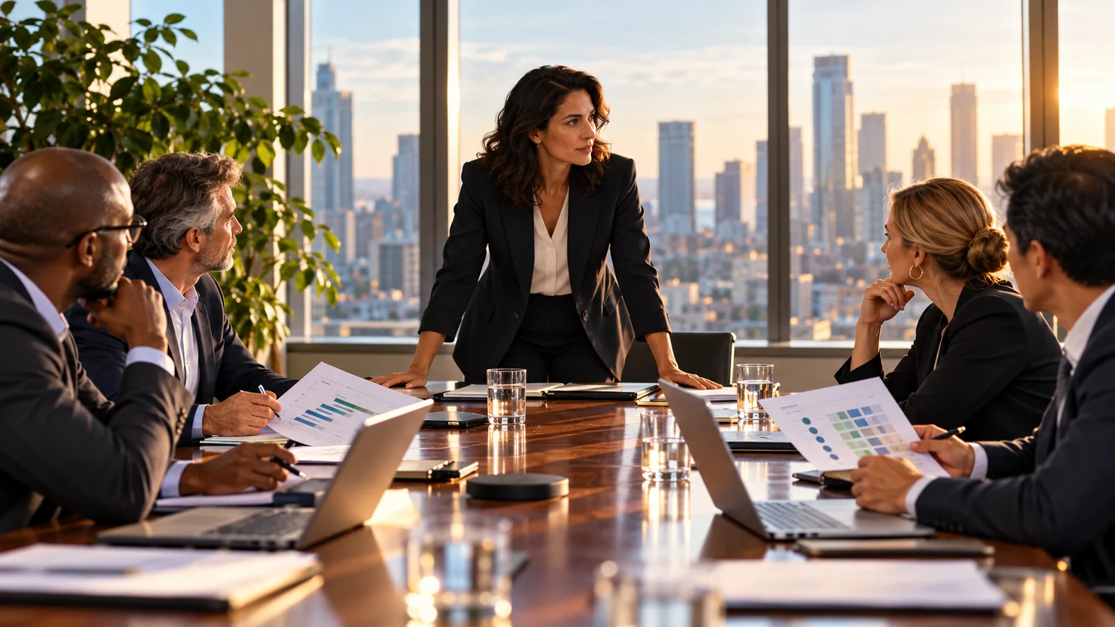 Strategic planning discussion overlooking a city skyline at sunset