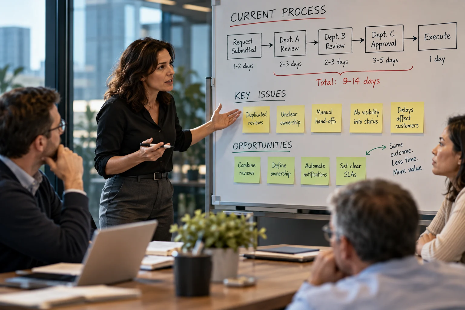 An employee explains a hypothetical approval process with overlapping reviews and delays to colleagues in a meeting.